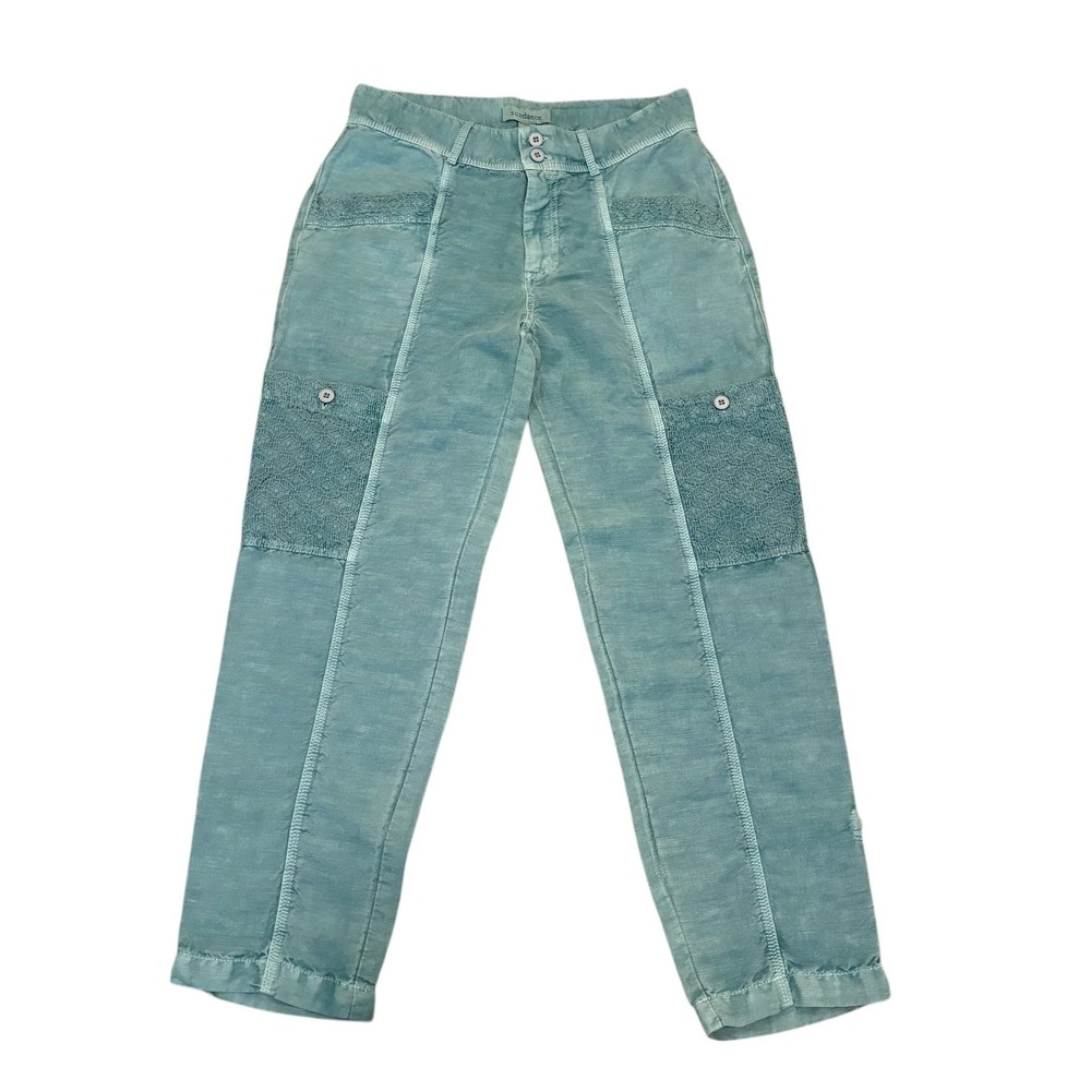 Sundance Catalog Mint Green Linen blend Cropped Lace Accent Pants Comfy 4 Petite